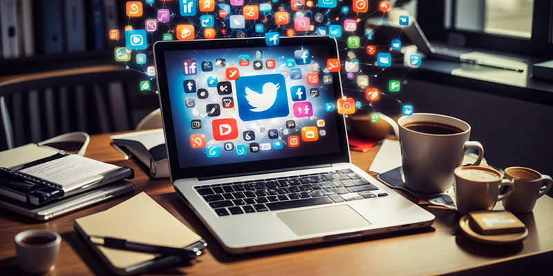 Computador com ícones de redes sociais usadas em estratégias de marketing digital para clínicas remoção de tatuagem com laser!